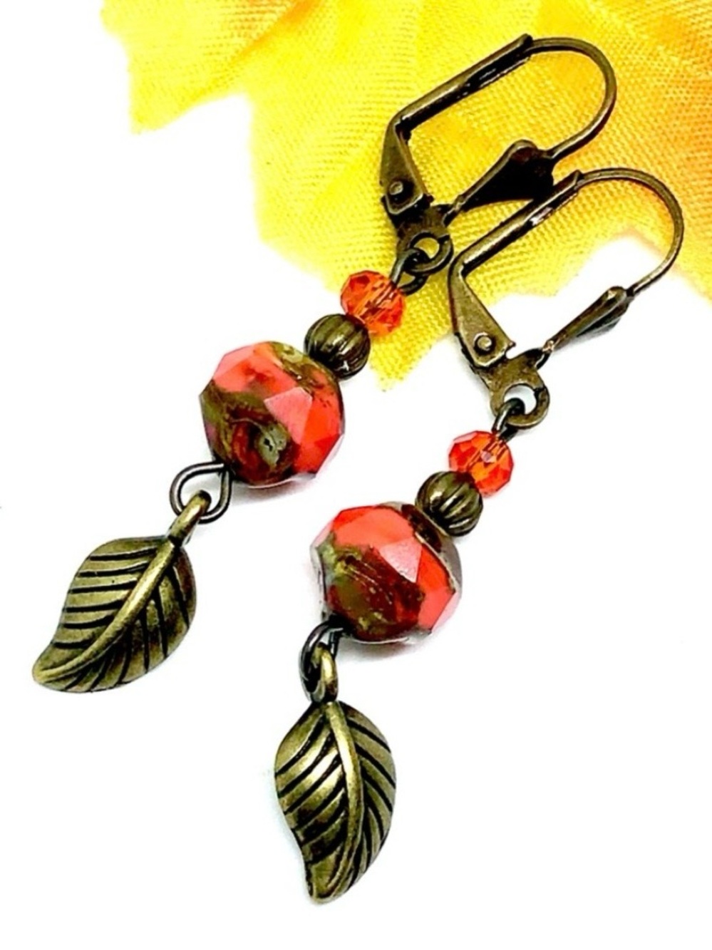 Orange Bronze Opaque Art Glass Spear Leaf Orange Crystal Lever Back Earrings NWT